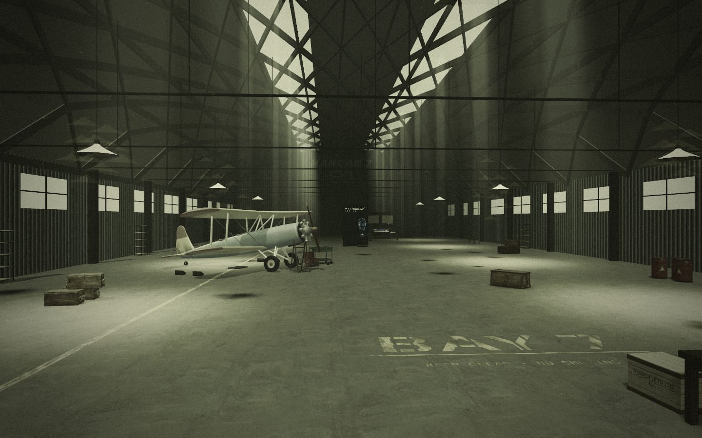 Inside Hangar 7: a biplane on the painted BAY 7 floor under the HANGAR 7 sign